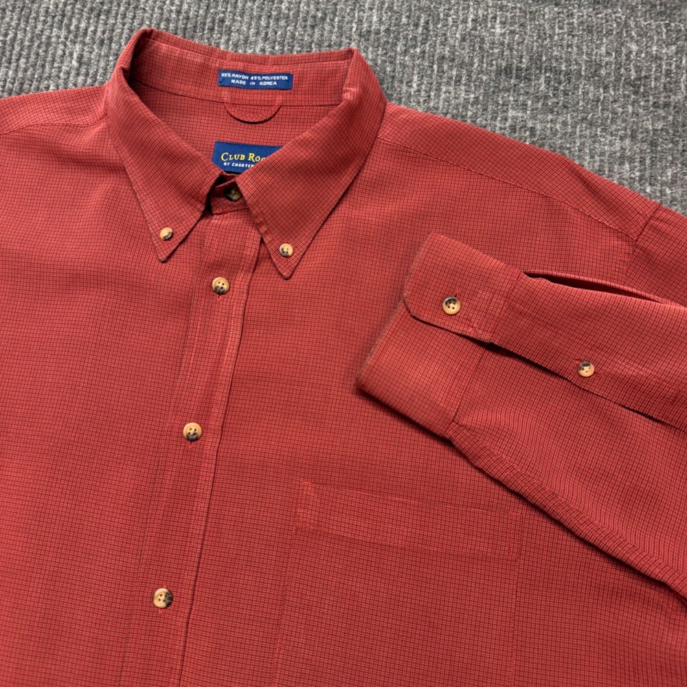 Club Room Mens XXL Red Micro Check Long Sleeve Rayon Blend Button Shirt